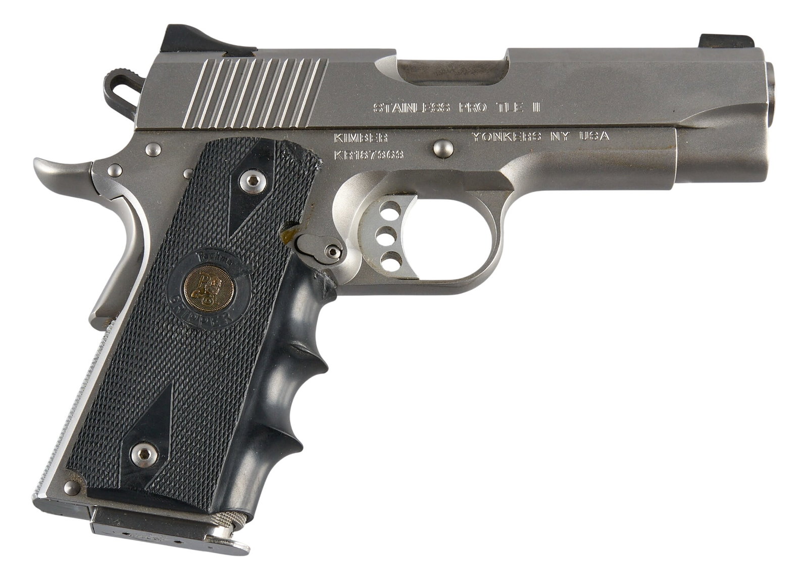 Kimber Stainless Pro TLE II 45 ACP Semi Auto Pistol W/ Holster: Serial: KR187363 Manufacturer: Kimber-Yonkers, NY Model: Stainless Pro TLE II Caliber: 45 ACP Barrel length: 4 in. OAL: 7.75 in. Condition: Good; light-moderate used condition; very good bore In