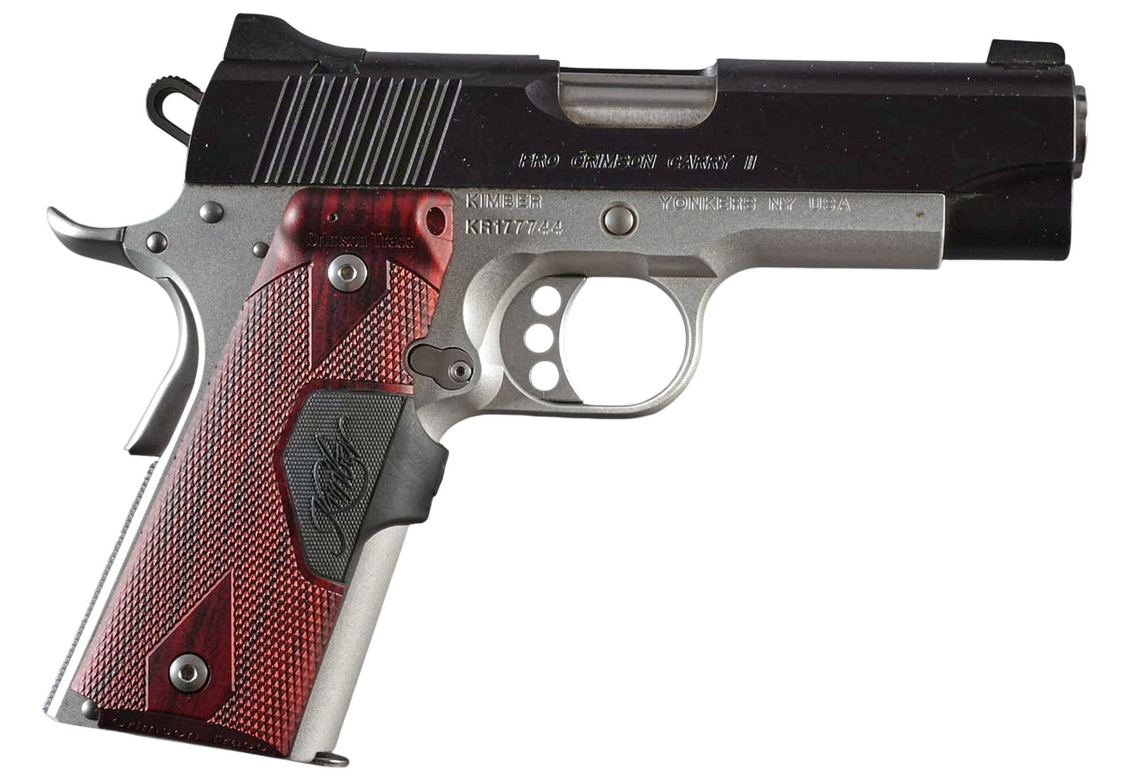 Kimber Pro Crimson Carry II 45 ACP Semi Auto Pistol: Serial: KR177744 Manufacturer: Kimber-Yonkers, NY Model: Pro Crimson Carry II Caliber: 45ACP Barrel Length: 4 in. OAL: 7.5 in. Condition: Good; very light wear & handling marks; some light fouling