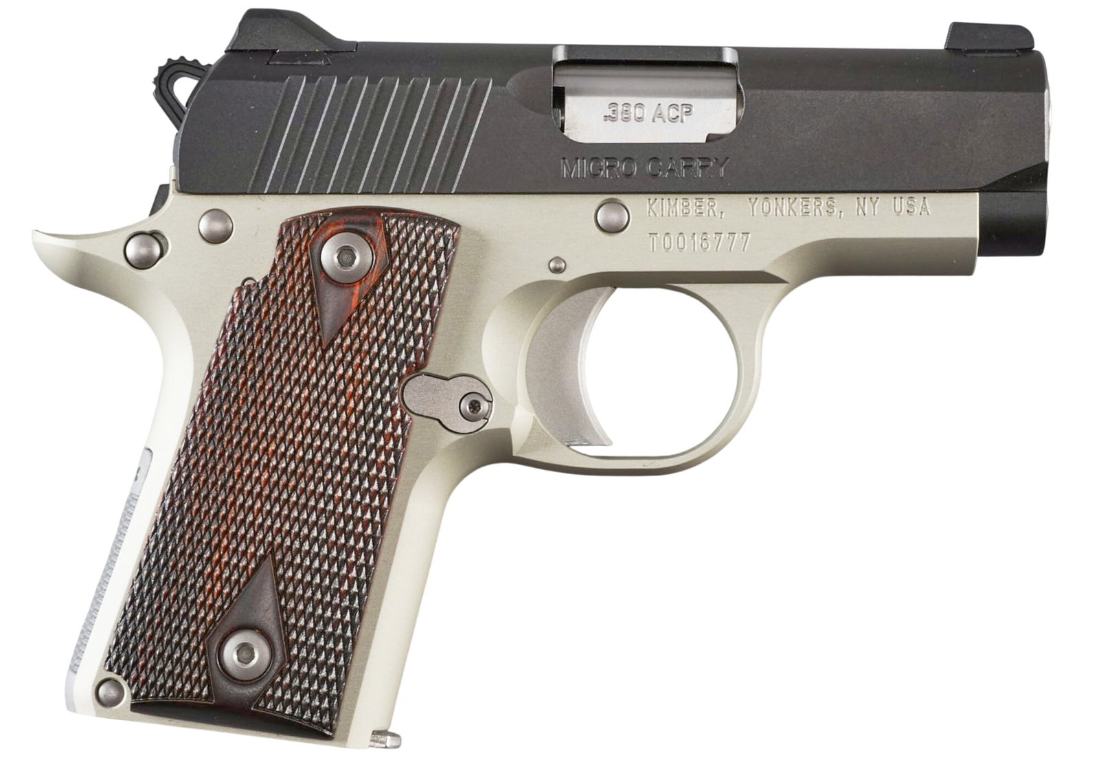 Kimber Micro Carry 380 ACP Semi Auto Pistol: Serial: T0016777 Manufacturer: Kimber-Yonkers, NY Model: Micro Carry Caliber: 380 ACP Barrel Length: 2.75 in. OAL: 5.5 in. Condition: Very Good-Like New Includes: factory cardboard box & soft case