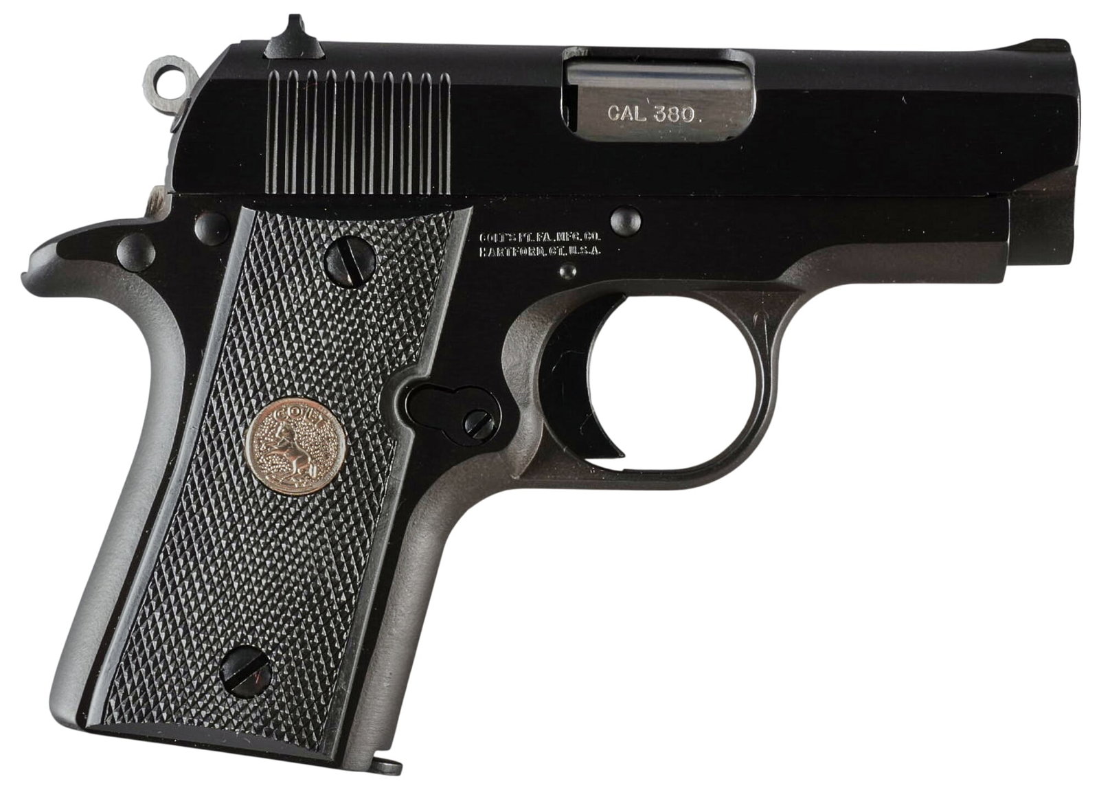Colt Mustang MKIV/Series'80 380 ACP Semi Auto Pistol: Serial: MU67332 Manufacturer: Colt Model: Mustang MKIV/Series '80 Caliber: 380 ACP Barrel length: 2.75 in. OAL: 5.625 in. Condition: Excellent; very slight signs of handling Includes: Factory hard