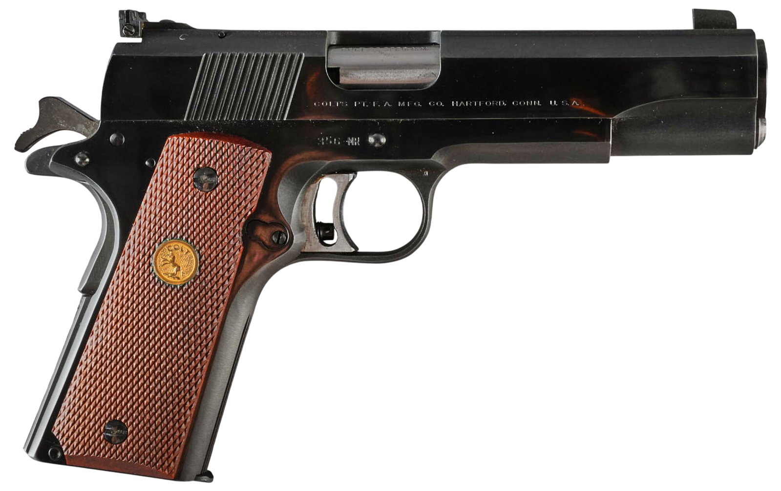 Colt Gold Cup National Match 38 Special Semi Auto Pistol: Serial: 356-MR Manufacturer: Colt's PT. F.A. MFG. Co. (c. 1960-1973) Model: National Match Caliber: 38 Special Mid-Range (Full Wadcutter only) Barrel Length: 5 in. OAL: 8.5 in. Condition: Very Goo