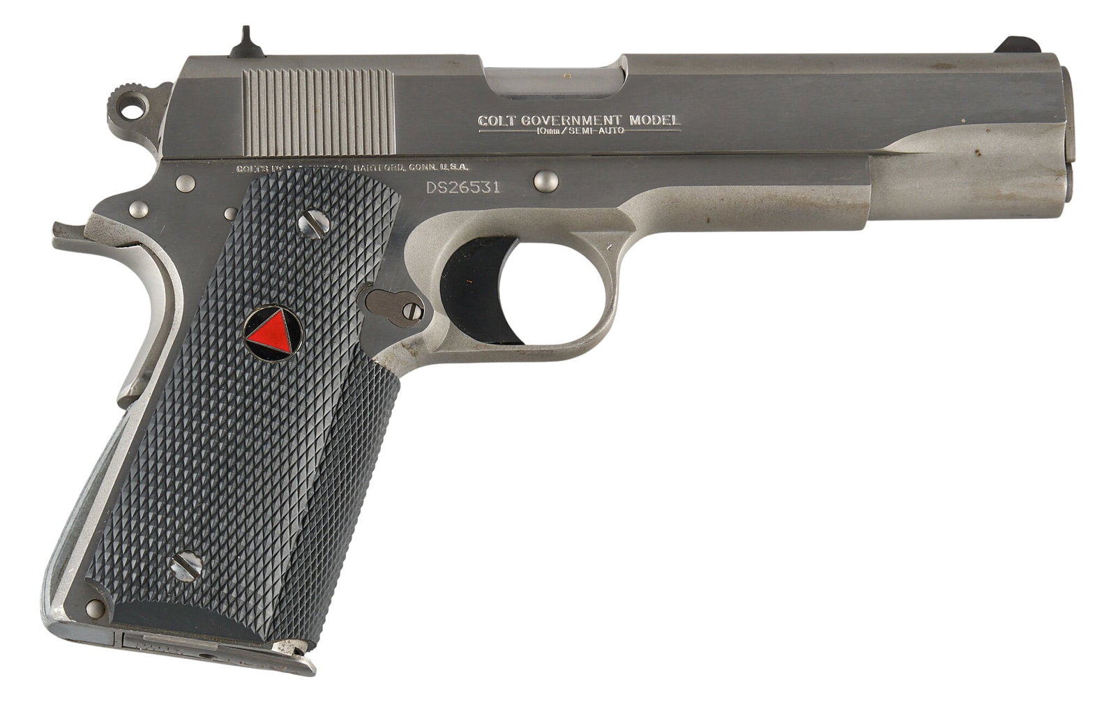 Colt Delta Elite MKIV Stainless 10mm Semi Auto Pistol W/ Holster: Serial: DS26531 Manufacturer: Colt's PT. F.A. Mfg. Co.(c. 2009) Model: Delta Elite MKIV Stainless Caliber: 10mm Barrel length: 5 in. OAL: 8.75 in. Condition: Good; moderateley used condition