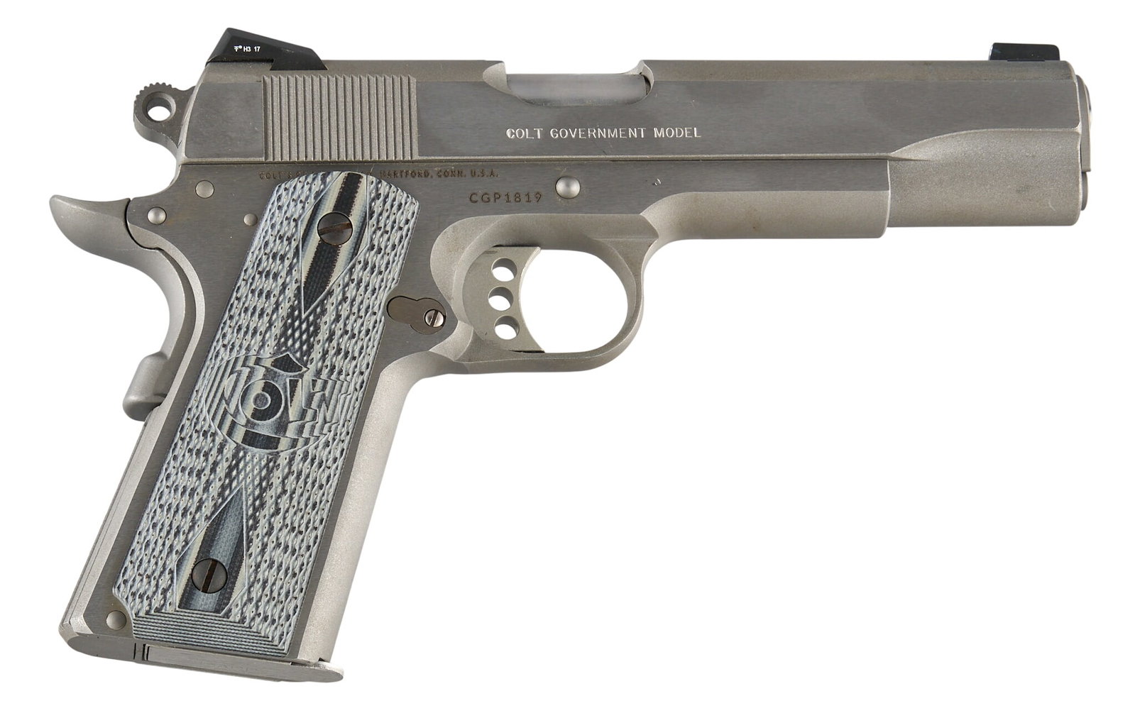 Lettered Colt Custom Shop Government Model Stainless 1911 Pistol (1 of 100): Serial: CGP1819 Manufacturer: Colt's PT. F.A. Mfg. Co. (c. 2018) Model: Custom Shop Government Model 1911 (1 of 100) Caliber: 45 LC Barrel length: 4.75 in. OAL: 10.5 in. Condition: Excellent; very
