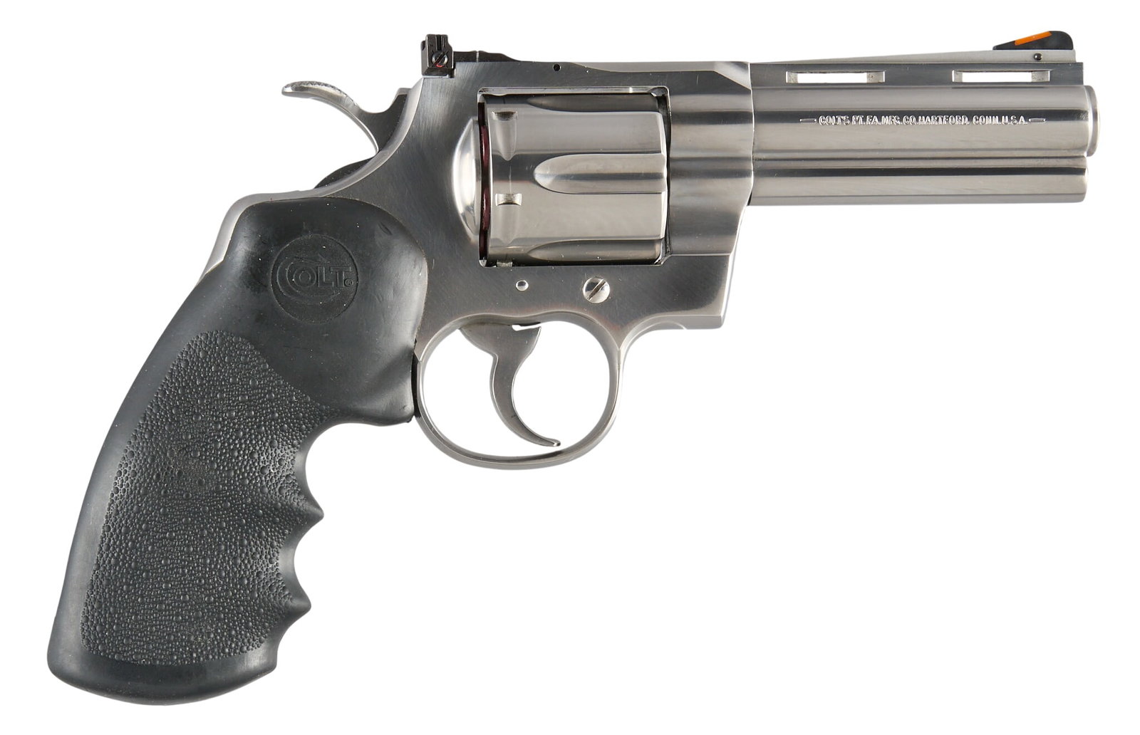 Colt Python Elite 4 Inch Stainless 357 Magnum Revolver W/ Factory Case: Serial: PN14288 Manufacturer: Colt's PT. F.A. Mfg. Co. (c. 1997) Model: Python Elite Caliber: 357 Magnum Barrel length: 4 in. OAL: 9.5 in. Condition: Good; light-moderate used condition; ligh