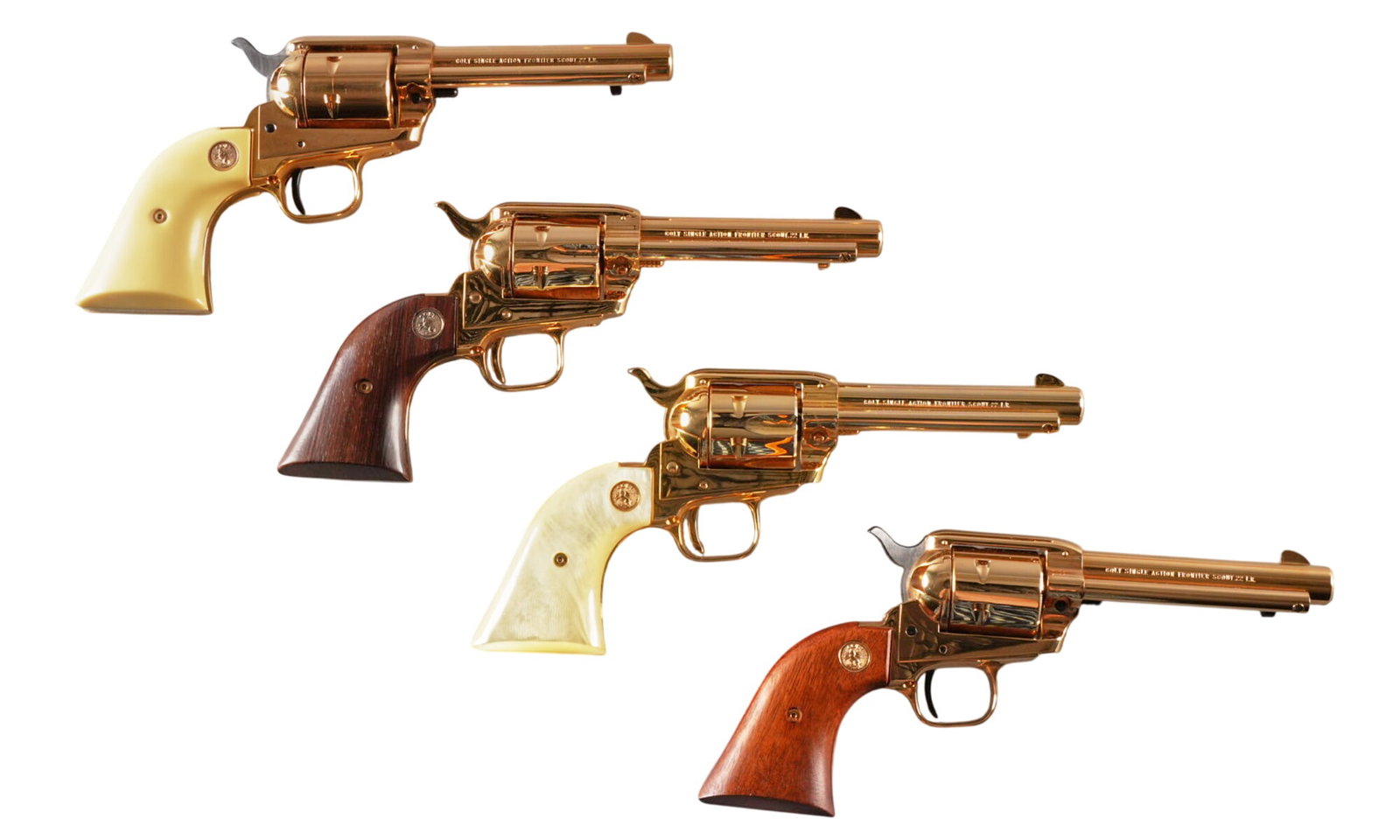 Cased Colt Kansas Series Cow Towns Frontier Scout 4 Revolver Set: Serial: (1) 453KA; (2) 453KC; (3) 453KW; (4) 453KD Manufacturer: Colt's PT. F.A. Mfg. Co. (c. 1966) Model: Frontier Scout (Kansas Series Cow Towns: Abilene, Coffeyville, Wichita, Dodge City)