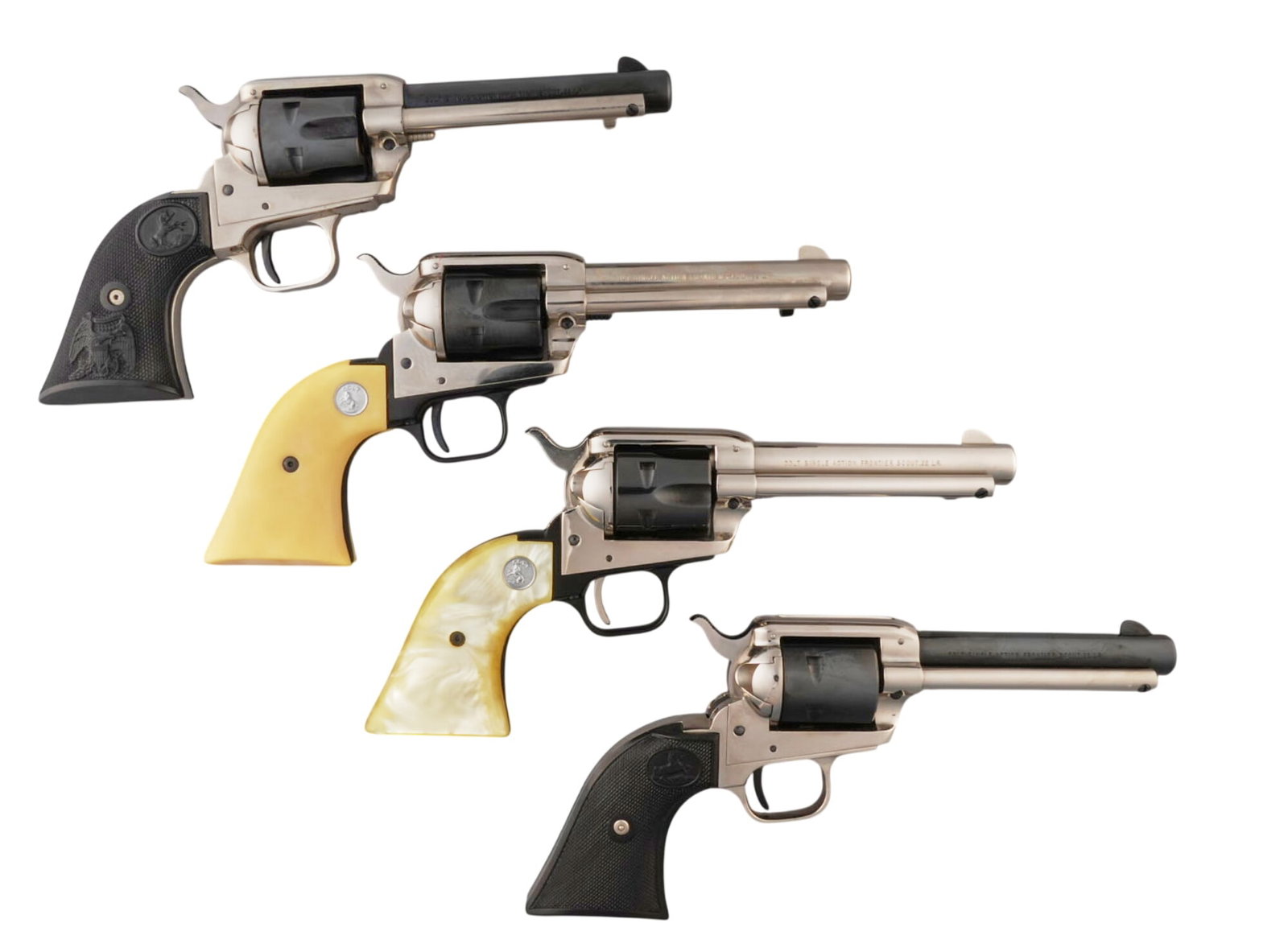 Cased Colt Kansas Series Forts Frontier Scout 4 Revolver Set: Serial: (1) 453FR; (2) 453FSC; (3) 453FH; (4) 453FL Manufacturer: Colt's PT. F.A. Mfg. Co. (c. 1966) Model: Frontier Scout (Kansas Series Forts: Fort Riley, Fort Scott, Fort Hays, Fort Larne