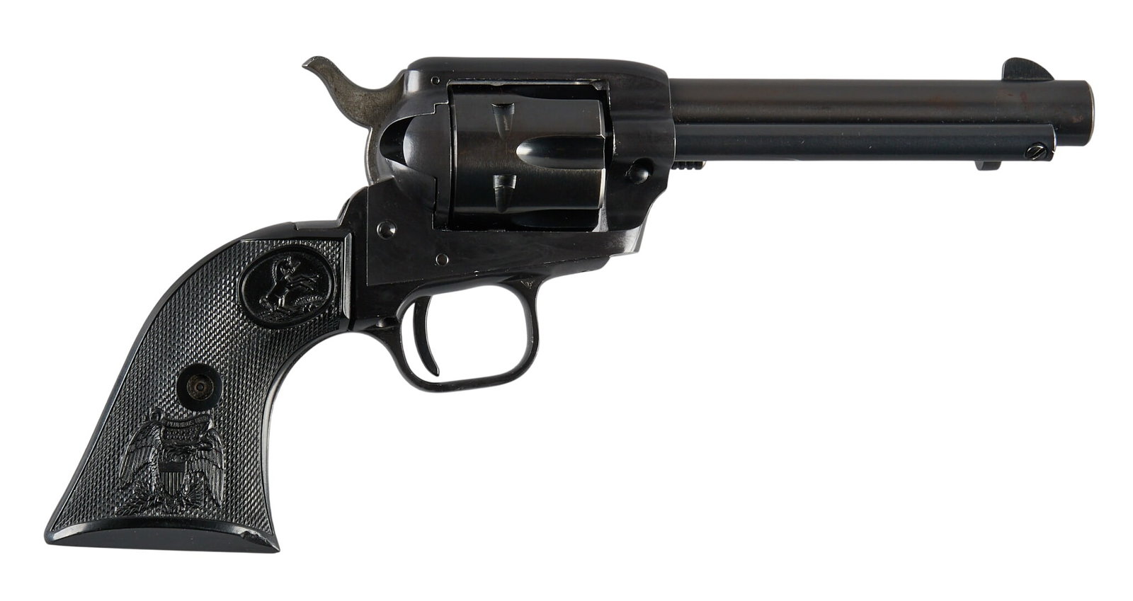 Colt Single Action Frontier Scout 22 LR/WMR Revolver W/ Repro Box and Holster: Serial: 43925F Manufacturer: Colt's PT. F.A. Mfg. Co. (c. 1958) Model: Single Action Frontier Scout Caliber: 22 LR/WMR Barrel length: 4.75 in. OAL: 10 in. Condition: Good; light wear & ha