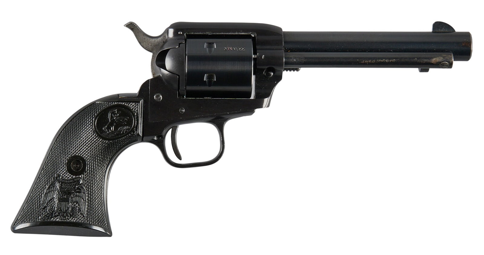 Colt Single Action Frontier Scout 22 LR/WMR Revolver W/ Repro Box and Holster: Serial: 174441F Manufacturer: Colt's PT. F.A. Mfg. Co. (c. 1964) Model: Single Action Frontier Scout Caliber: 22 LR/WMR Barrel length: 4.75 in. OAL: 10 in. Condition: Good; light wear & h