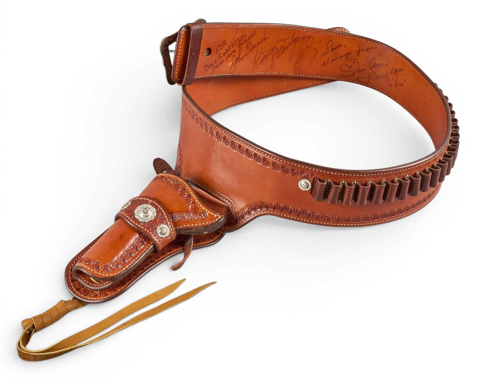 John Bianchi Signed Leather Gunbelt & Holster Gifted to Dale Robertson W/ COA: John Bianchi custom Buscadero leather gunbelt & revolver holster w/ bullet loops; sterling silver buckle signed "DIABLO"; COA included -signed "FOR / DALE ROBERTSON / FROM
