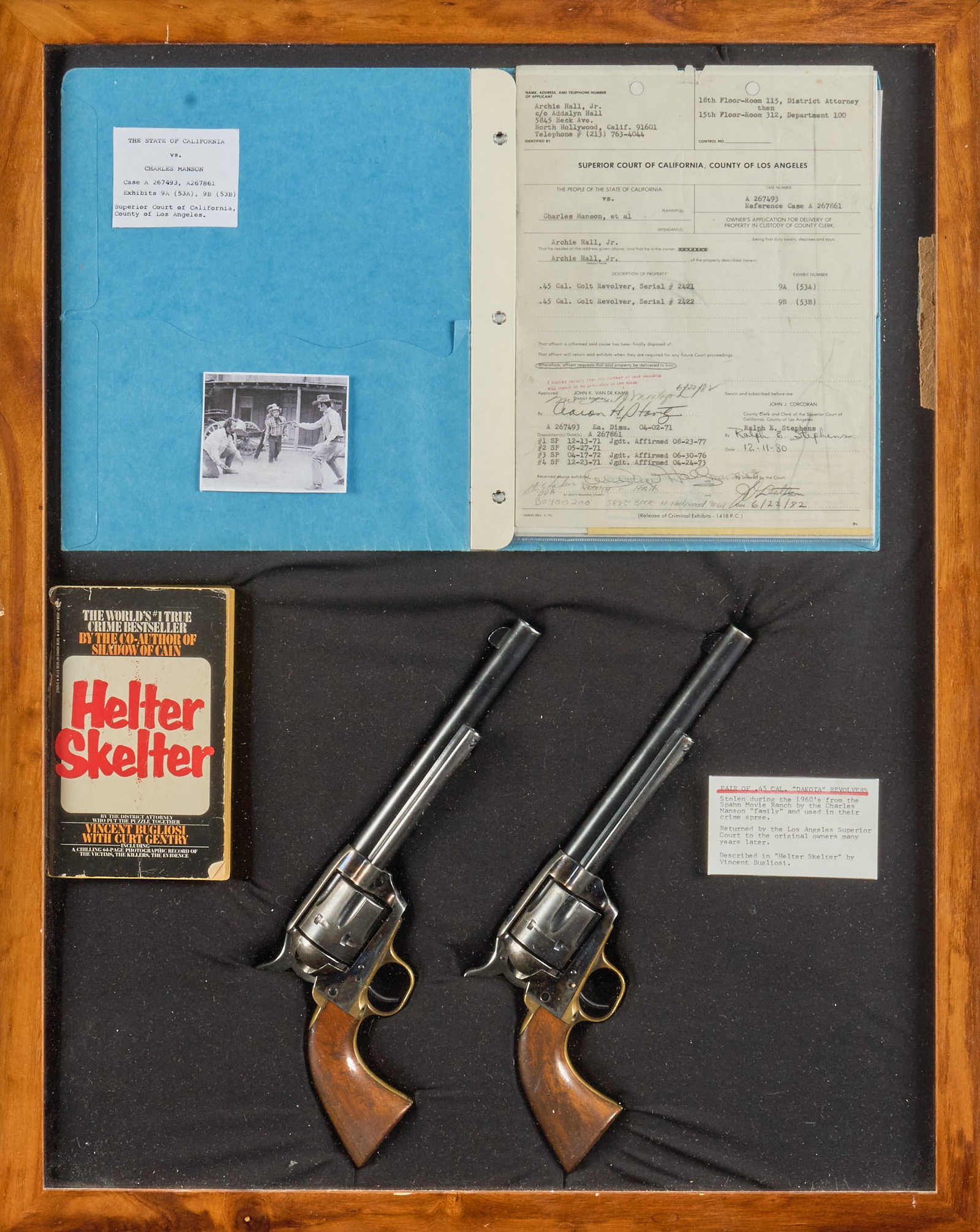 Donald "Shorty" Shea's Consecutive Dakota 'Colt' Revolvers Stolen by Charles Manson: Pair of consecutive number "Dakota Colt" 45 Long Colt Single Action Army revolvers taken as evidence in the case against the Manson Family for connection to the disappearance of Donald Jerom