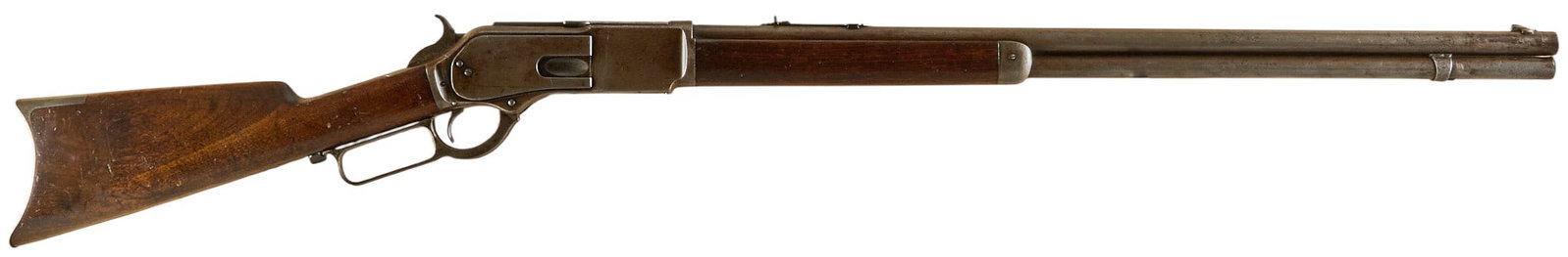 Antique Early Winchester Second Model 1876 45-75 Lever Action Rifle: Serial: 6328 Manufacturer: Winchester (c. 1878) Model: 1876 Second Model Caliber: 45-75 Barrel Length: 28 in. OAL: 49 in. Condition: Good-antique; wood stock & forend have moderate wear &