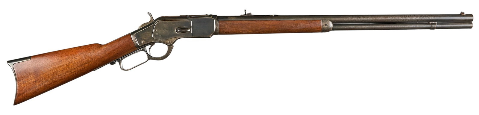 Antique Refinished Winchester Model 1873 38 WCF Lever Action Rifle: Serial: 225452 Manufacturer: Winchester (c. 1887) Model: 1873 Caliber: 38 WCF Barrel length: 24 in. OAL: 43.5 in. Condition: Good-antique; wood stock has been refinished & patched up on right