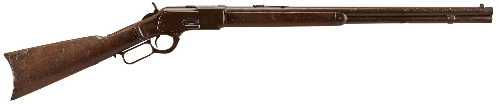 Antique Winchester Model 1873 44 WCF Lever Action Rifle: Serial: 214601B Manufacturer: Winchester (c. 1886) Model: 1873 Caliber: 44 WCF Barrel Length: 24 in. OAL: 43.25 in. Condition: Fair-antique; wood stock has dark patina w/ significant damage/cracks/chi