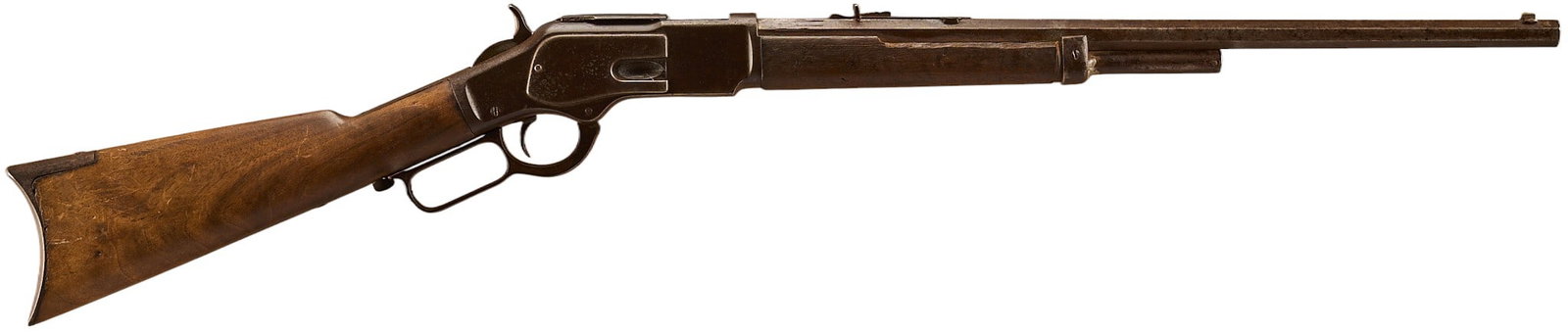 Antique Winchester 1873 44 WCF Rifle W/ Marlin Barrel: Serial: 194821B Manufacturer: Winchester (c. 1885) Model: 1873 Caliber: 44 WCF Barrel Length: 22 in. OAL: 41.25 in. Condition: Fair-antique; wood stock & forend significant wear & cracking; fo