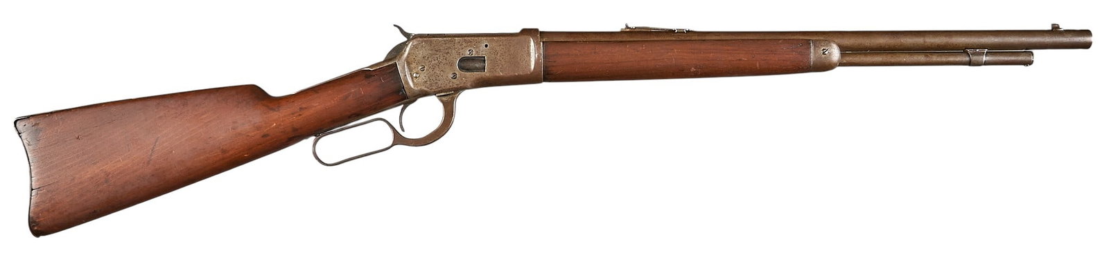 Winchester Model 1892 25-20 WCF Lever Action Rifle: Serial: 919888 Manufacturer: Winchester (c. 1921-1923) Model: 1892 Caliber: 25-20 Barrel Length: 20 in. OAL: 37.5 in. Condition: Fair; moderate wear & handling marks throughout including light sca