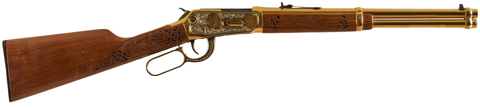 Custom 4 of 25 Will James Tribute Winchester 94AE Saddle Ring Carbine: Serial: 6244960 Manufacturer: Winchester (A&A Engraving Co.) Model: 94AE SRC Will James Tribute (#4 of 25) Caliber: 45 Colt Barrel length: 16.25 in. OAL: 34.25 in. Condition: Good; very light hand