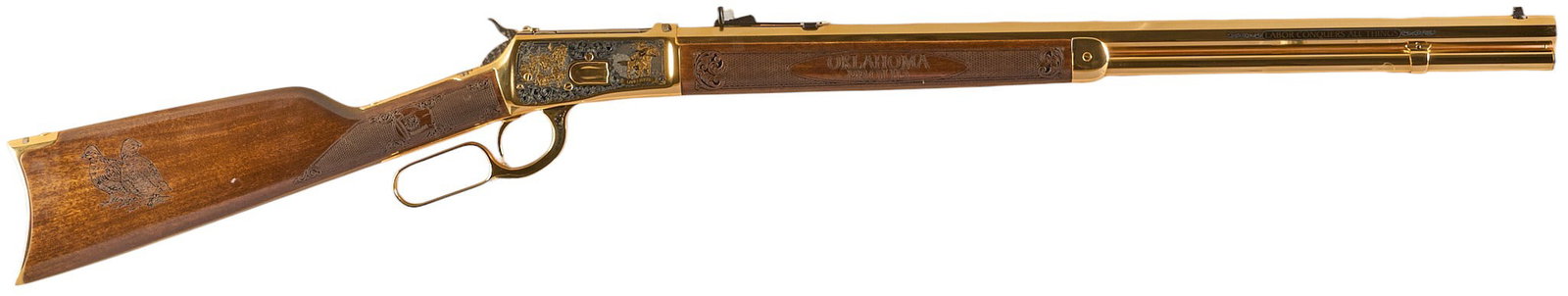 Custom Oklahoma Pride Engraved Rossi Hartford 1892 Lever Action Rifle: Serial: AM184047 Manufacturer: Rossi-Brazil / EMF Co. (A&A Engraving Co.) Model: Hartford 1892 Oklahoma Pride Tribute (1 of 5) Caliber: 45 Colt Barrel length: 24 in. OAL: 43 in. Condition: Very go