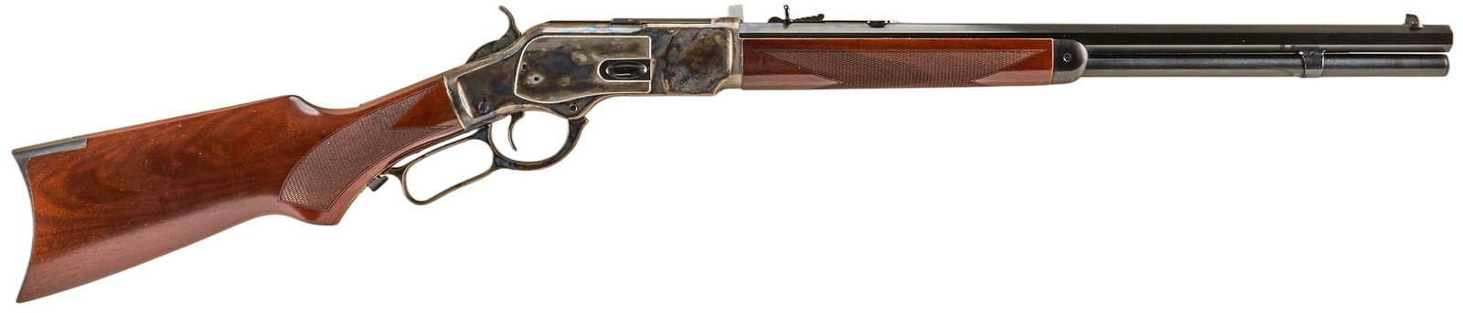 Uberti Cimarron Model 1873 Deluxe 357Mag/38 Spl Lever Action Sporting Rifle: Serial: W64945 Manufacturer: Uberti-Italy / Cimarron-Fredericksburg, TX Model: 1873 Deluxe Sporting Caliber: 357 Mag / 38 Spl Barrel length: 20 in. OAL: 39.75 in. Condition: Very Good; slight signs of
