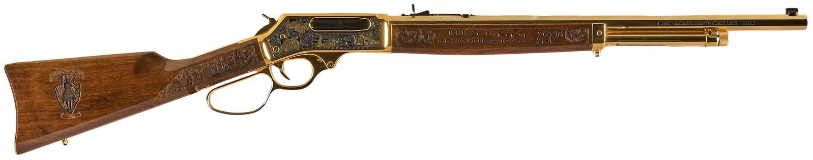 Cheyenne Frontier Days Henry H010B 45-70 Lever Action Rifle: Serial: FFSB02726 Manufacturer: Henry Repeating Arms (A&A Engraving Co.) Model: H010B Cheyenne Frontier Days Caliber: 45-70 Govt. Barrel length: 22 in. OAL: 40.5 in. Condition: Excellent-like new 