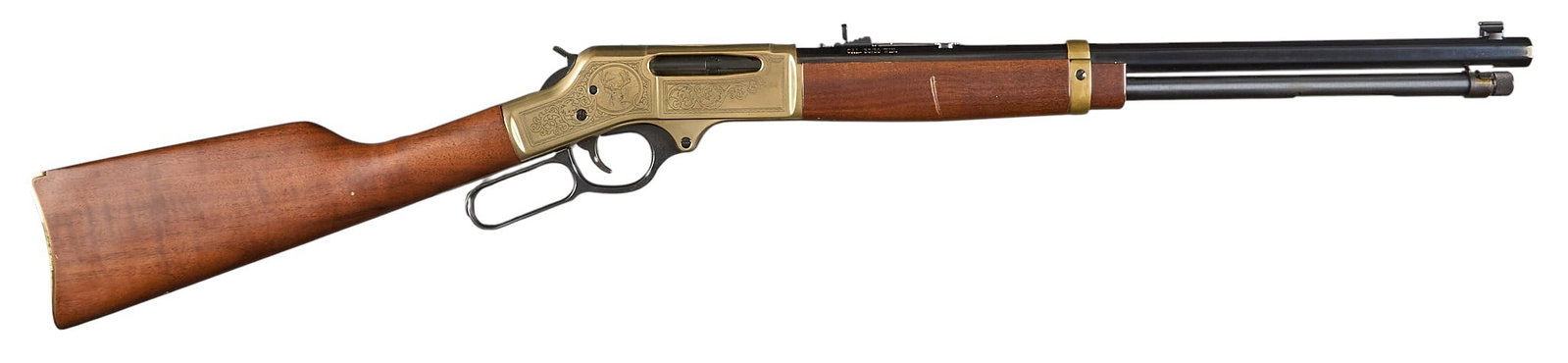 Henry Brass Wildlife Edition 30-30 Lever Action Rifle: Serial: TTBWL1535 Manufacturer: Henry Repeating Arms Model: H009BWL Caliber: 30-30 Barrel Length: 20 in. OAL: 39.25 Condition: Good; light wear & handling marks; very light scattered pitting on le