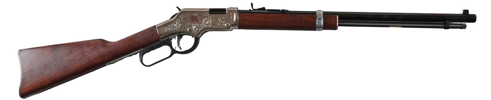 Henry American Beauty 22LR Lever Action Rifle: Serial: AB10229 Manufacturer: Henry Repeating Arms Co. Model: American Beauty Caliber: 22 LR Barrel Length: 20 in. OAL: 38.5 in. Condition: Very Good-LNIB; some very light handling marks; bore is very