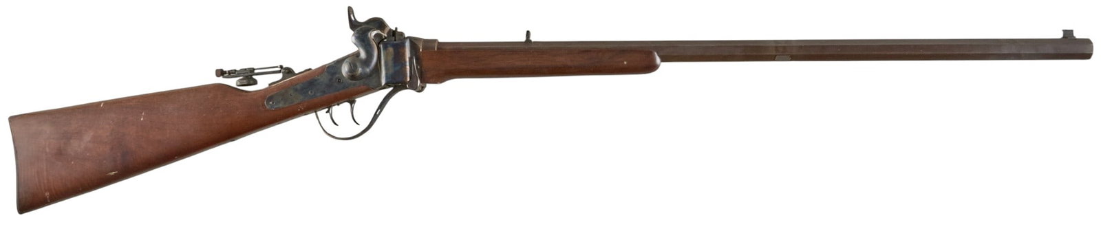 IAB Taylor's & Co 45-70 Gov't Sharps Rifle: Serial: 37664 Manufacturer: I.A.B.-Italy / Taylor's & Co. Model: 1874 Sharps Caliber: 45-70 Gov't Barrel Length: 28 in. OAL: 46 in. Condition: Fair/Good; some scratches & pressure dent