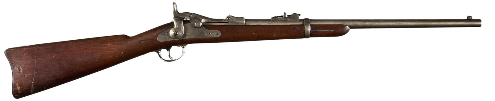 Antique US Springfield Model 1873 45-70 Trapdoor Cavalry Carbine: Serial: 143844 Manufacturer: Springfield Armory (c. 1880) Model: 1873 Carbine Caliber: 45-70 Govt. Barrel Length: 22 in. OAL: 41 in. Condition: Good-antique; wood stock has moderate wear & pa