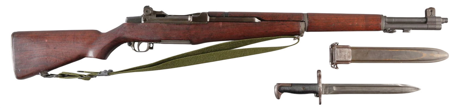 Early WWII US Winchester M1 Garand Rifle W/ Bayonet: Serial: 151595 (receiver: March 1942; barrel: March 1967) Manufacturer: Winchester Repeating Arms Model: M1 Garand Caliber: 30-06 SPRG Barrel length: 24 in. OAL: 44 in. Condition: Very Good; woo