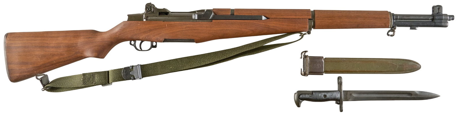 WWII US Winchester M1 Garand Rifle W/ Bayonet: Serial: 2323912 (receiver: Sept. 1943; barrel: March 1952) Manufacturer: Winchester Repeating Arms Model: M1 Garand Caliber: 30-06 SPRG Barrel length: 24 in. OAL: 44 in. Condition: Very Good; wo