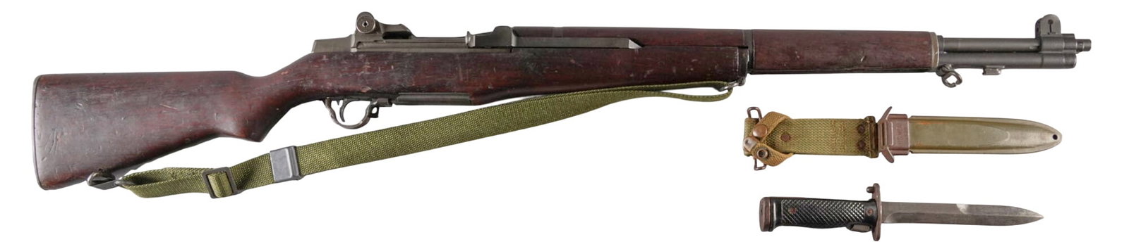 True Post-War HRA M1 Garand 30-06 Semi Auto Rifle W/ Bayonet: Serial: 5633432 Manufacturer: Harrington & Richardson (c. May 1955) Model: M1 Garand Caliber: 30-06 SPRG Barrel length: 24 in. OAL: 43.75 in. Condition: Good; wood stock & forend have moderate