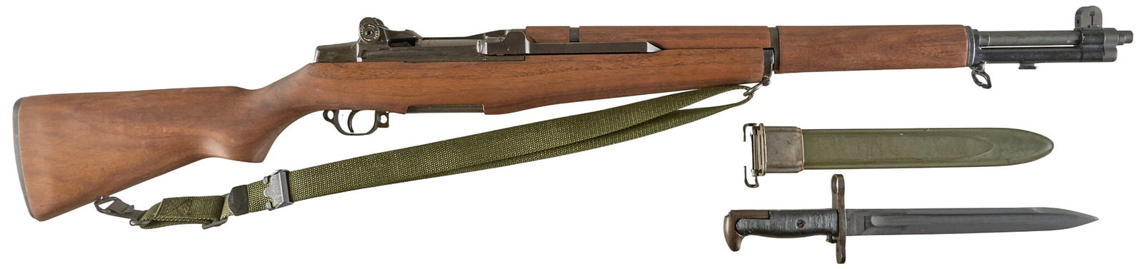 Early WWII US Springfield Armory M1 Garand Rifle W/ Bayonet: Serial: 603366 (receiver: May 1942; barrel: Feb. 1952) Manufacturer: Springfield Armory Model: M1 Garand Caliber: 30-06 SPRG Barrel length: 24 in. OAL: 44 in. Condition: Very Good; wood stock & fo