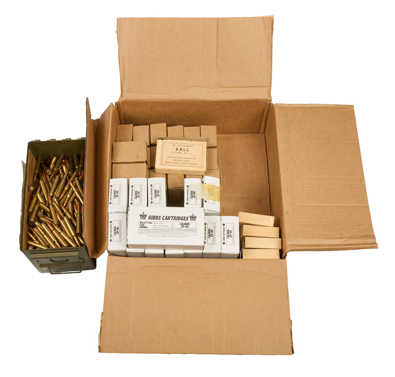 Approx. 1160 Mixed Surplus Rounds of 30-06 Ammunition: Includes: -approx. 260 rds of Gibbs 30-06 150gr. ball -approx. 400 rds of Talon M2 30-06 ball loose in can -100 rds of surplus Remington 30-06 M2 ball -400 rds of MFS 30-06 ball Provenance: