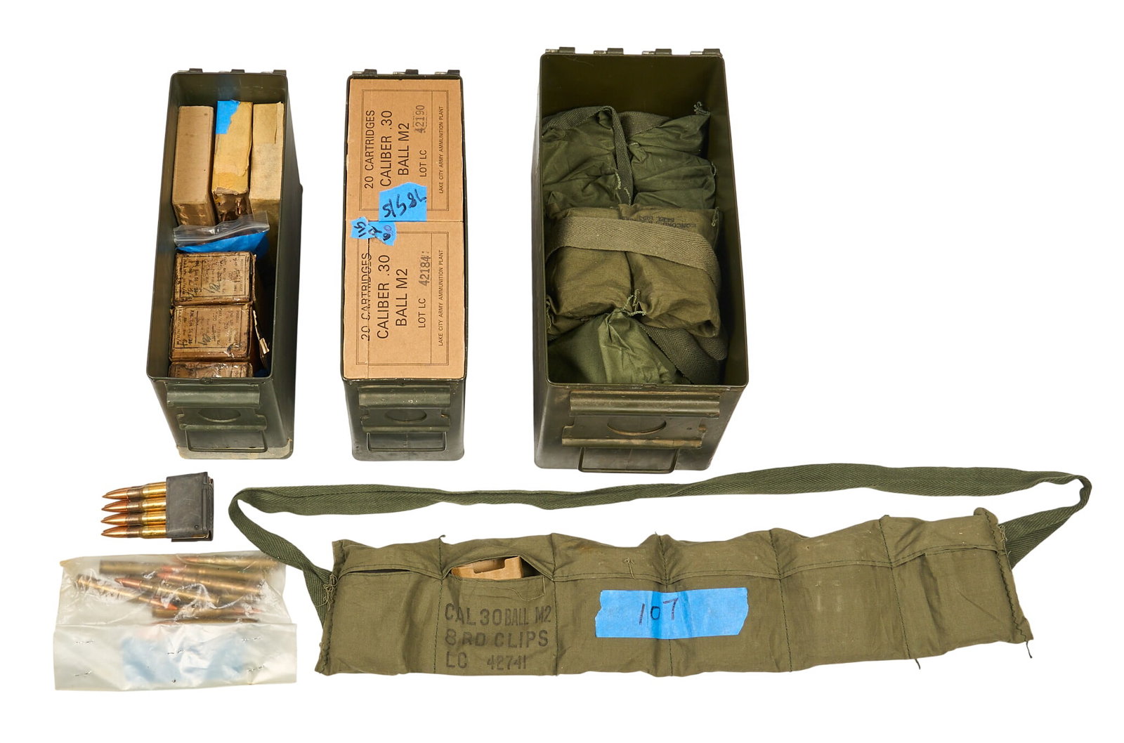 Approx. 600 Rounds of Mixed 30-06 Ammunition: Includes: -180 rounds of 30-06 M2 on stripper clips in bandoliers -96 rounds of 30-06 M2 on enbloc clips in bandoliers -240 rounds of boxed LC 30-06 M2 ball -40 rounds of 30-06 M2 ball -20 round