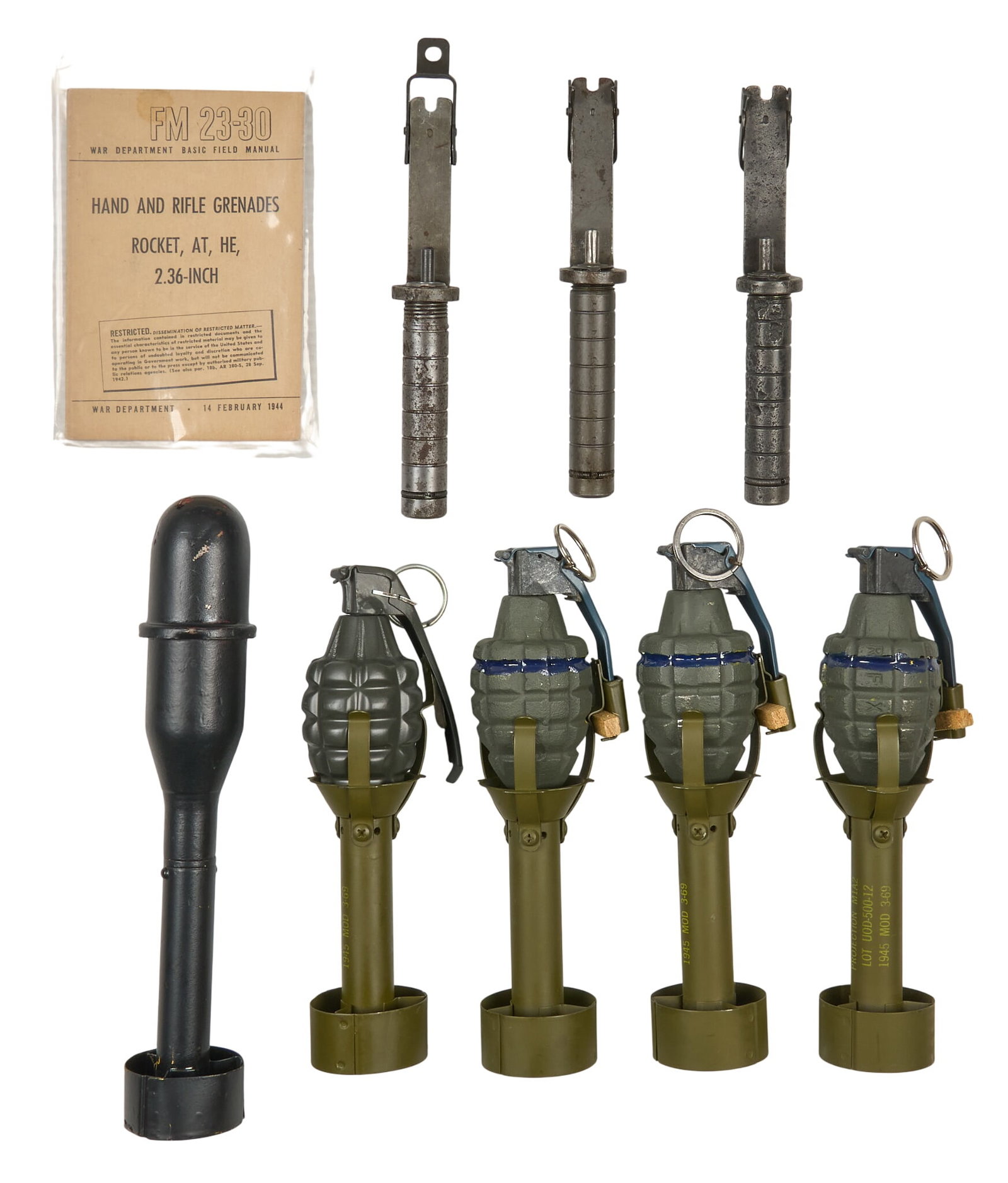 Collection of US WWII M1 Grenade Launcher Adapters W/ Inert Grenades: Collection of US M1 Garand grenade launcher attachements & inert grenades w/ adapters Includes: -3 x US MK7 launchers for M1 Garand (KM, AM, and BM Corp. marked) (pitted) -4 x Model 1945 M1A
