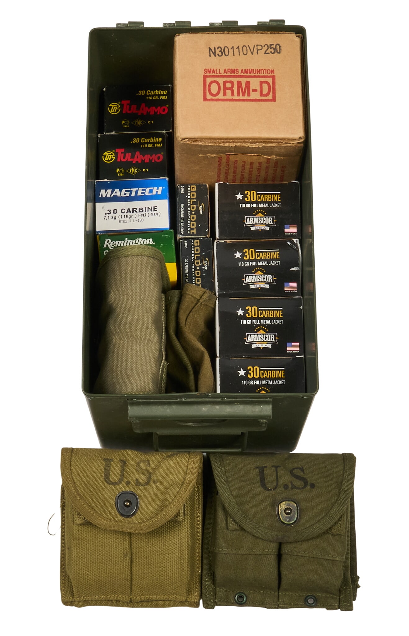 Approx. 900 Rounds of 30 Carbine Ammunition & 12 Magazines: Includes: -250 rounds of reloaded 30 Carbine -250 rounds of American Quality Ammunition 110gr FMJ -100 rounds of TulAmmo 110gr FMJ Steel Case -200 rounds of Armscor 110gr FMJ -30 rounds of MagTech 110