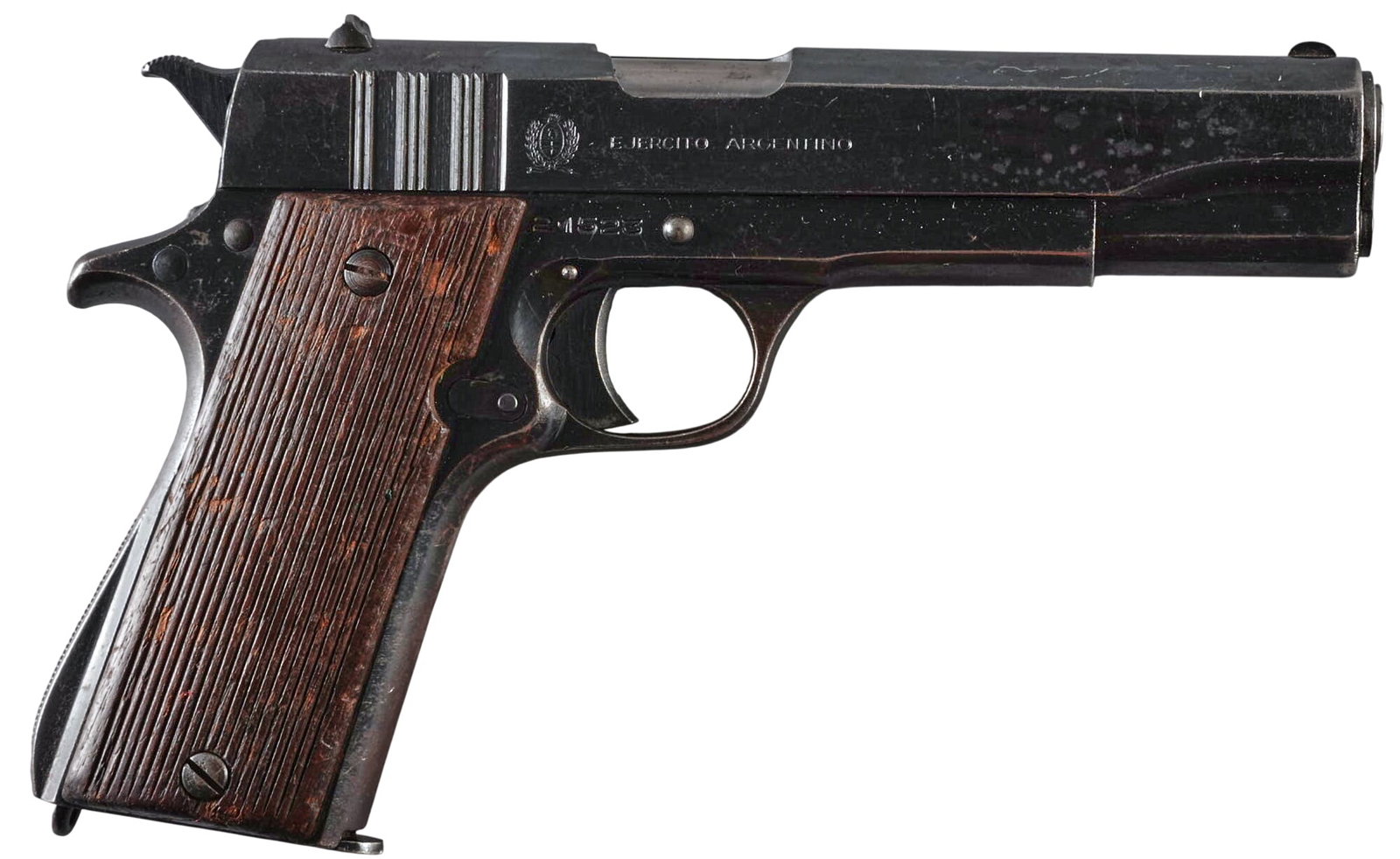 Argentine Ballester-Molina 45 ACP Semi Auto Pistol: Serial: 21523 Manufacturer: Fabrica HAFSDASA-Argentina Model: Ballester-Molina Caliber: 45 ACP Barrel length: 5 in. OAL: 8.75 in. Condition: Good; wood grips have fair amount of wear & patina; sli