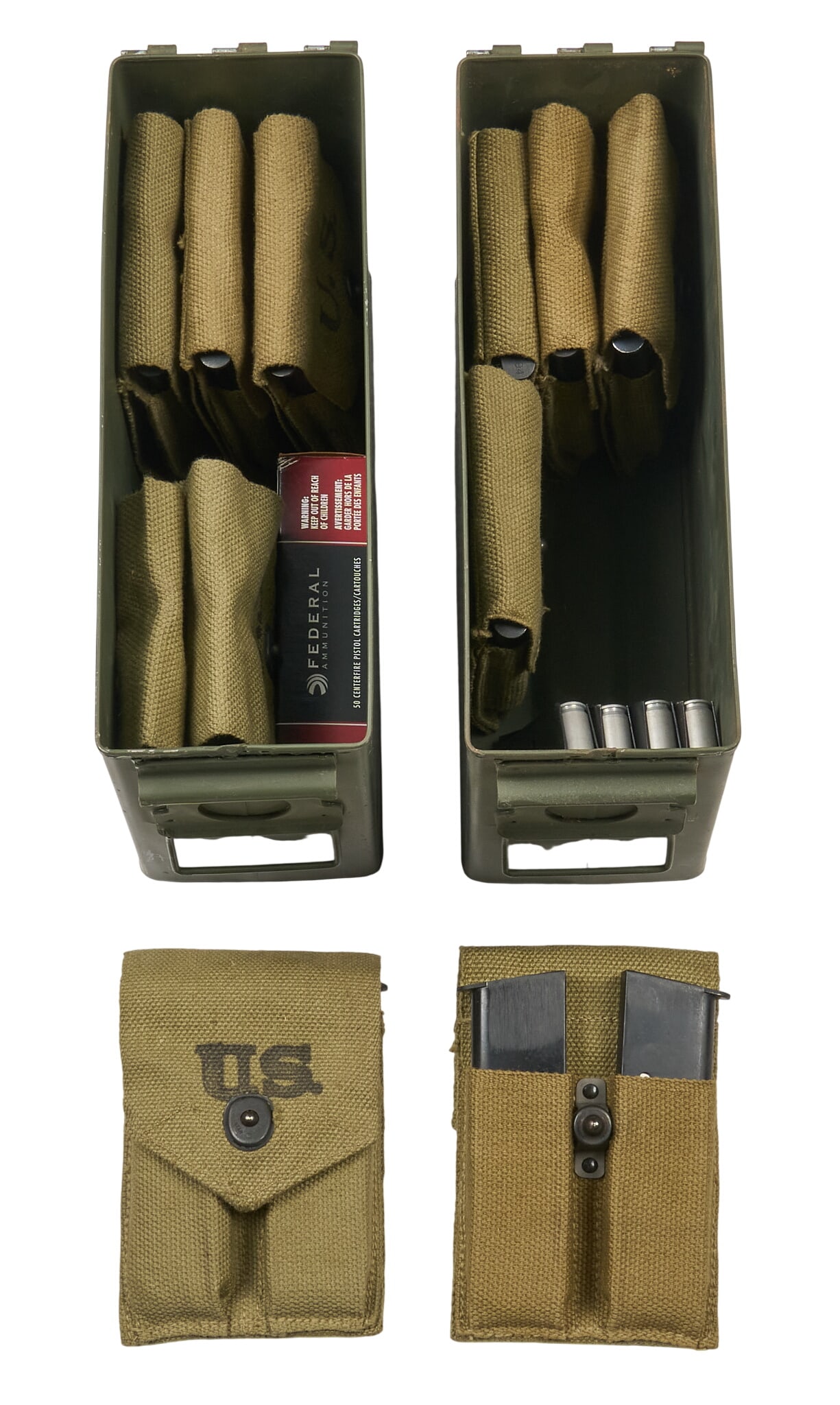 Collection of US WWII 1911 Magazine Pouches W/ Loaded Mags: Includes: -11 x dual webbed 1911 magazine pouches each with 2 loaded GI magazines w/ 45 ACP ball ammunition (6 x Boyle 1942, 3 x Avery 1943, and 2 x V.B. Co. 1942) -4 x loose GI magazines loaded w/ 45