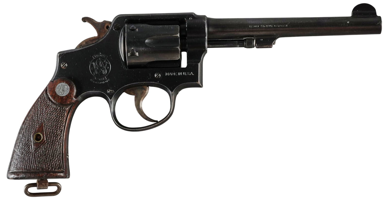 WWII Canadian Marked Smith & Wesson Model 1905 38 Spl Revolver W/ Holster: Serial: 732677 Manufacturer: Smith & Wesson (c. 1940-1941) Model: 1905 (4th Change) Caliber: 38 Spl Barrel length: 6 in. OAL: 11.25 in. Condition: Good; wood grips have differing wear; right grip 
