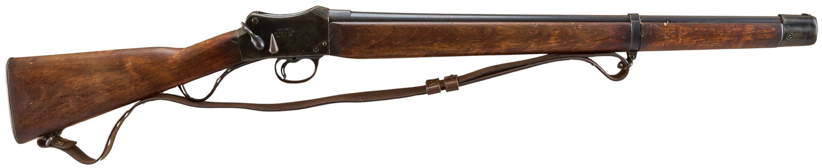 W.W. Greener Mark III Police 12/14 Gauge Martini Action Shotgun: Serial: 3927 Manufacturer: W.W. Greener. Maker Model: Mark III Police Gun Caliber: 12/14 Gauge Barrel length: 26 in. OAL: 42 in. Condition: Good; wood stock & forend have moderate wear &