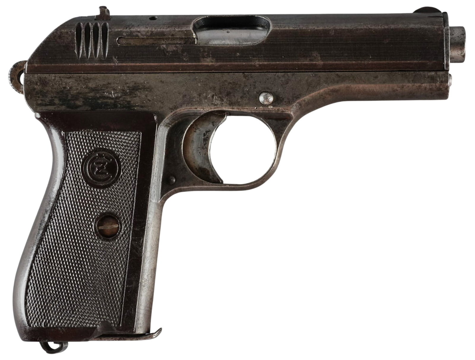 WWII German Occupation CZ 27 32 ACP Semi Auto Pistol W/ Holster: Serial: 242122 Manufacturer: Bohmische Waffenfabrik A.G.-Prag Model: 27 Caliber: 32 ACP Barrel length: 3.75 in. OAL: 6.5 in. Condition: Good; plastic grips have moderate wear w/ some chipping; frame &