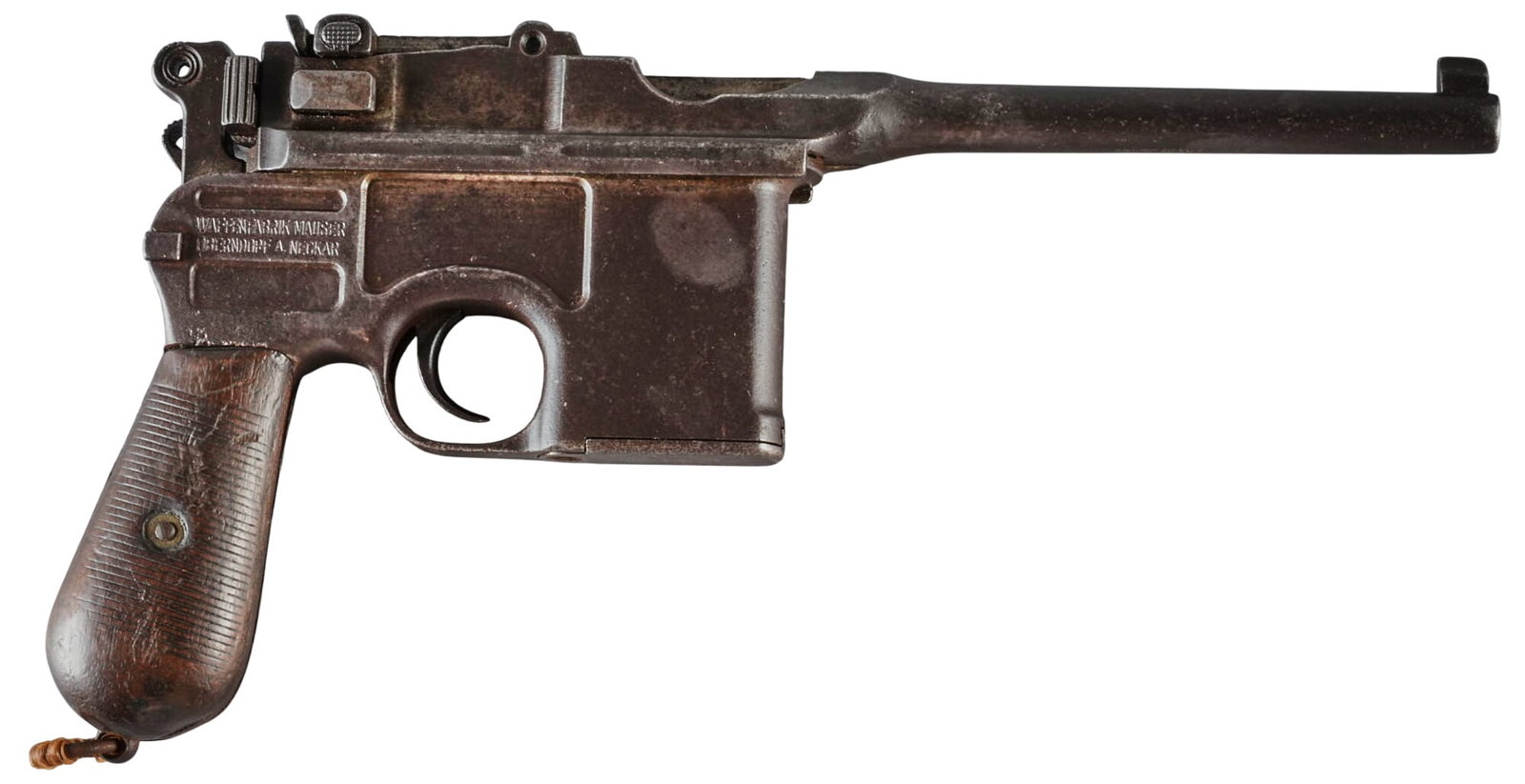 Pre-War Commercial Mauser C96 Broomhandle 7.63 Semi Auto Pistol: Serial: 175232 Manufacturer: WF Mauser Oberndorf-Neckar-Germany Model: Standard Pre-War Commercial C96 Caliber: 7.63 Mauser Barrel length: 5.5 in. OAL: 11.75 in. Condition: Fair; wood grips have signi