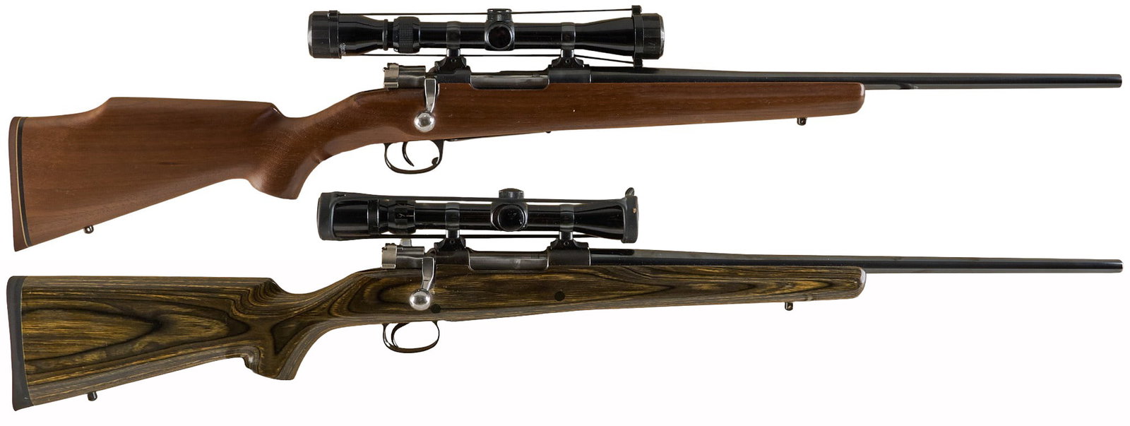 Pair of Spanish Oviedo M1916 7x57 Sporter Rifles: Serial: (1) K6695 (c. 1924); (2) RE2892 (c. 1928) Manufacturer: Oveido-Spain Model: 1916 Sporter Caliber: 7x57 Barrel length: 21 in.; OAL: 42.5 in.; Condition: Good; barrels are both