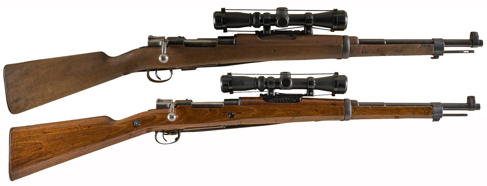 Pair of Spanish Oviedo M1916 Rebarreled 308 Win Rifles: Serial: (1) Z9583 (c. 1932); (2) OT-38602 Manufacturer: Ovideo Spain Model: 1916 Caliber: 308 Win Barrel length: 22 in. OAL: 41.5 in. Condition: (both) Good; moderate wear throughout; refinished stock
