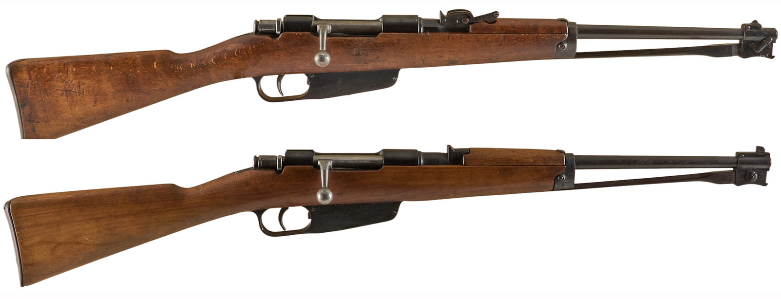 Pair of Italian WWII M1891 Mochetto 6.5x52 Carcano Carbines W/ Bayonets: Pair of Italian Mochetto Carcano carbines 1) Brescia M1891 Mochetto 6x52 Carcano (c. 1936; SN: F3272) carbine w/ folding bayonet; period sling; non-matching stock w/ cartouche; soft case; moderat