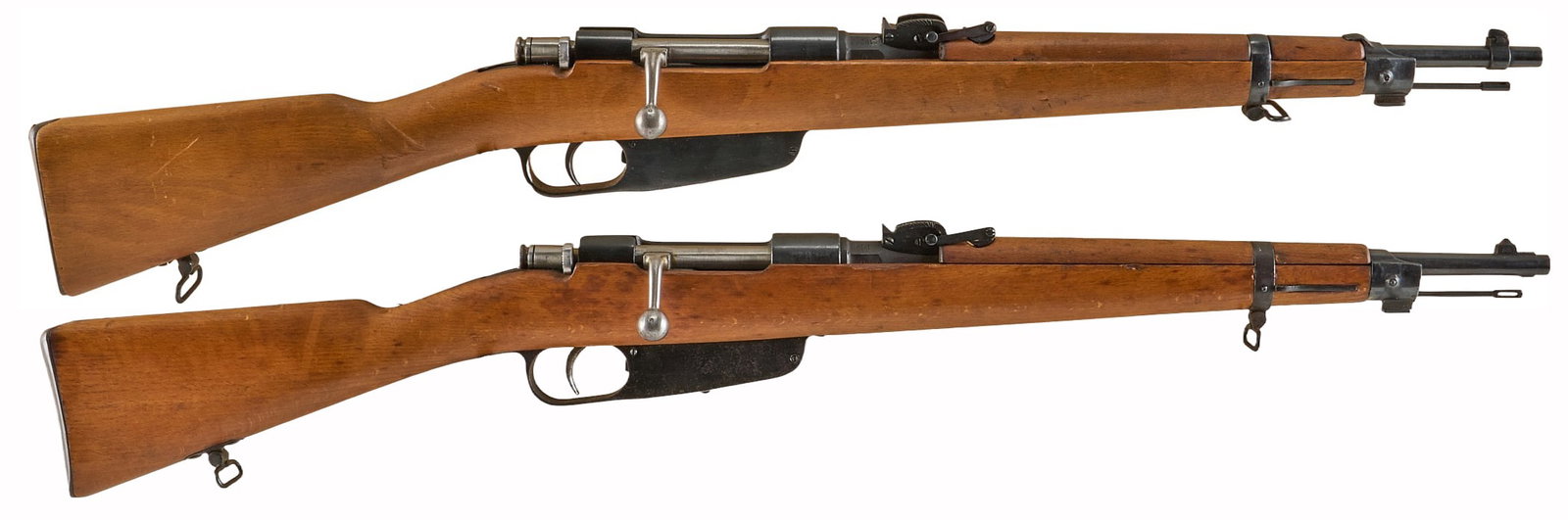 Pair of Italian M1891 Truppe Speciali 6.5x52 Carcano Carbines: Pair of Italian Trupe Speciali Carcano carbines 1) Terni M1891-28 Truppe Speciali 6x52 Carcano carbine (c. 1929; SN: C7908) w/ cleaning rod; period sling; soft case; refinished-moderate wear