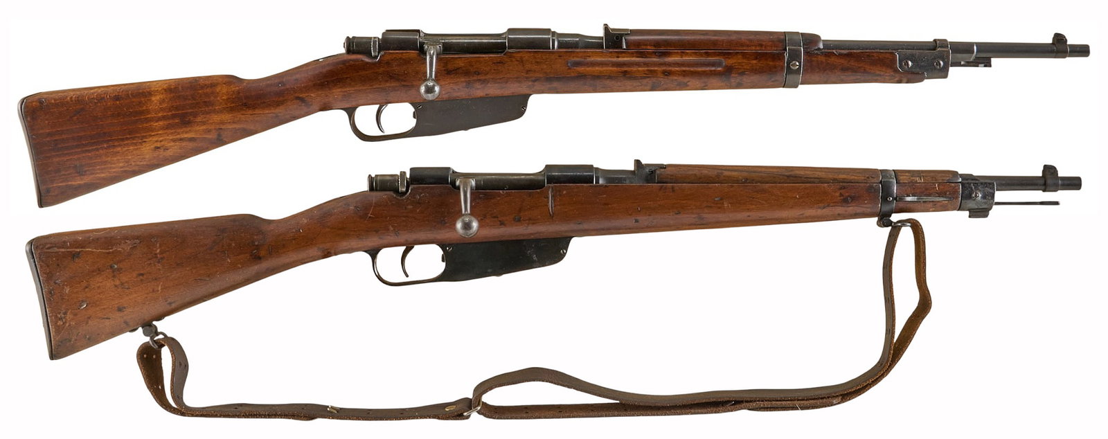 Pair of Italian M1891-38 6.5x52 Carcano Carbines: Pair of Italian Carcano carbines 1) Terni M1891-38 Fucile Corto 6x52 Carcano carbine (c. 1940; SN: AX6129) w/ matching stock; period sling; soft case; refinished-moderate wear commensurate w