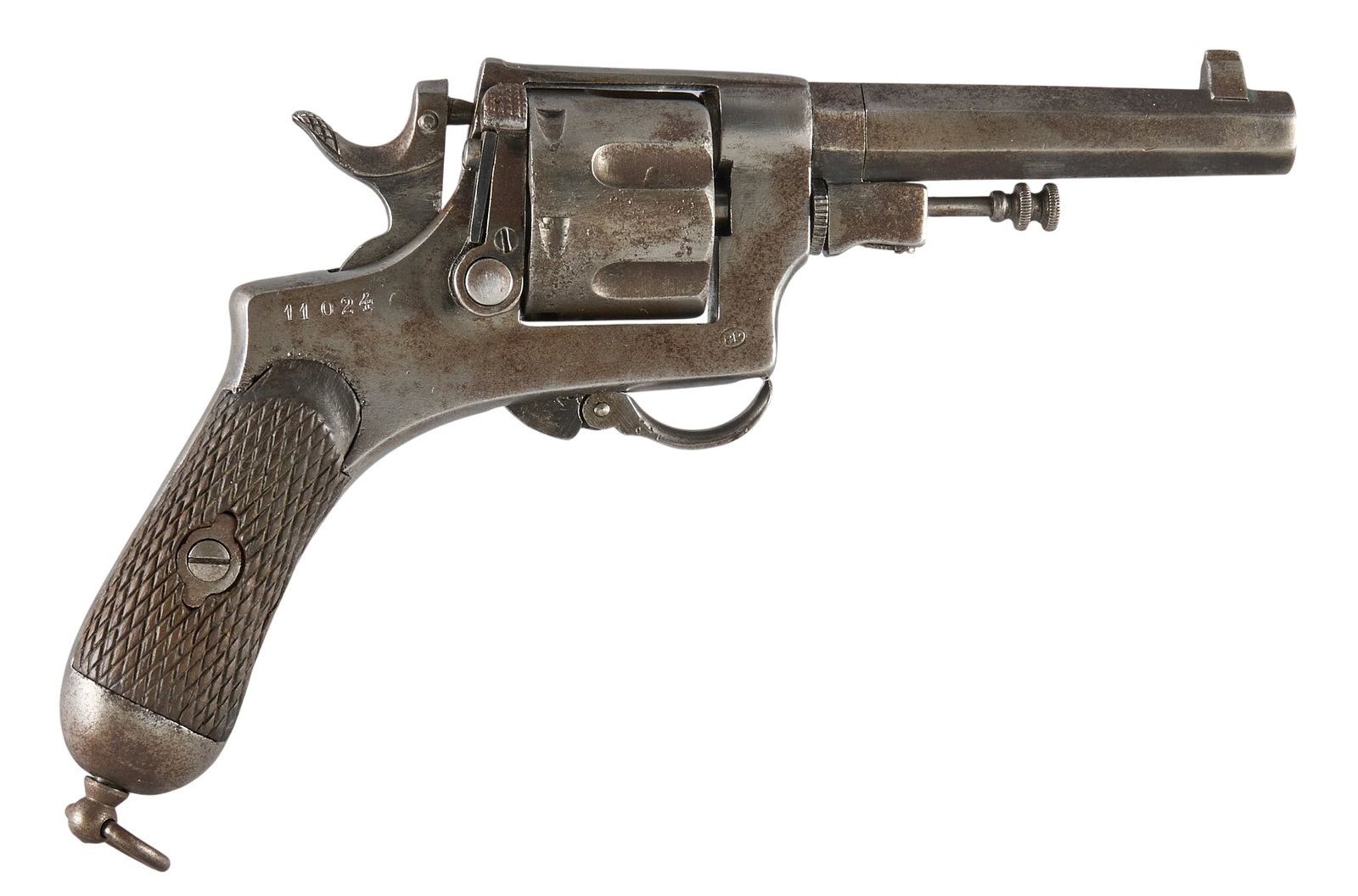 Italian M1889 Bodeo 10.35mm Revolver W/ Holster: Serial: 11024 Manufacturer: Brescia-Italy (c. 1918) Model: M1889 Bodeo Caliber: 10.35mm Barrel length: 4.5 in. OAL: 9.25 in. Condition: Fair; wooden grips are worn w/ dark patina; gray finish w/
