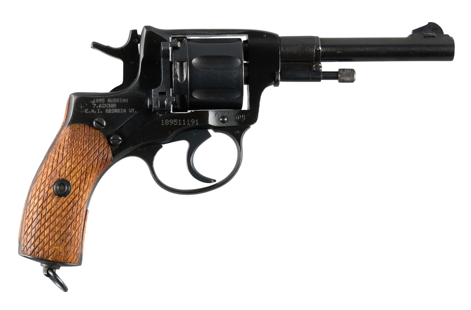 WWII Tula Arsenal M1895 Nagant 7.62x38R Revolver W/ Holster: Serial: 189511191 Manufacturer: Tula Arms Plant-Russia (c. 1938) Model: 1895 Nagant Caliber: 7.62x38R Barrel length: 4.5 in. OAL: 9 in. Condition: Very good; very light wear on possible arsenal refini