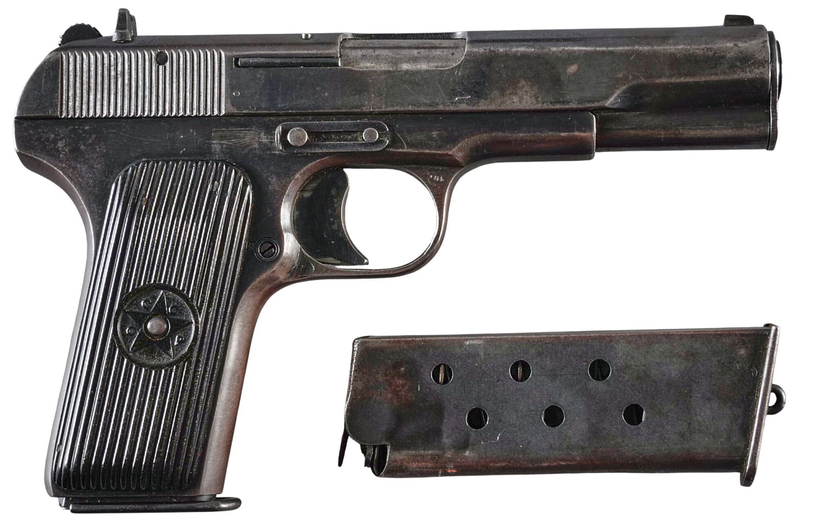 Post-War Soviet Izhevsk TT33 7.62 Tokarev Semi Auto Pistol: Serial: ??1280 (UU1280) Manufacturer: Izhevsk Arsenal-Russia (c. 1947) Model: TT33 Caliber: 7.62x25 Tokarev Barrel Length: 4.5 in. OAL: 7.75 in. Condition: Fair/Good-Commensurate with age; wear & 