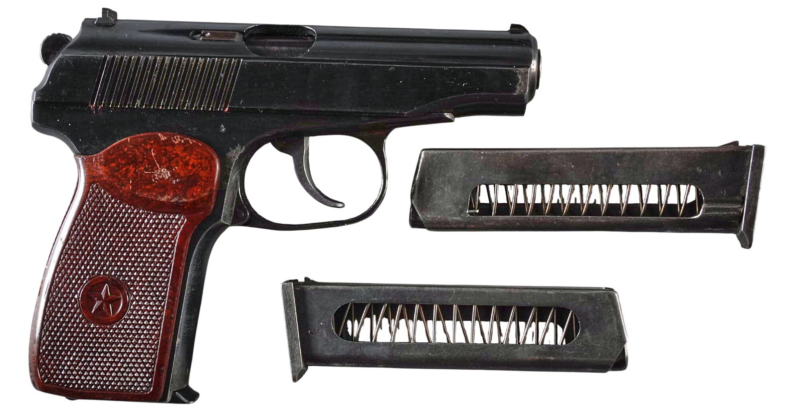 Non-Impot Marked Soviet Izhevsk Arsenal Makarov 9x18 Semi Auto Pistol: Serial: ?T4327 (GT4327) Manufacturer: Izhevsk Arsenal-Russia (c. 1982) Model: Makarov Caliber: 9x18 Barrel Length: 3.75 in. OAL: 6.5 in. Condition: Fair/Good; mostly light wear & 